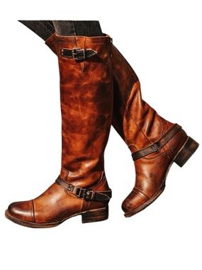 Freebird Cognac Brown Leather Knee-High Roadey Boots Size 8 Moto Grunge Boho
